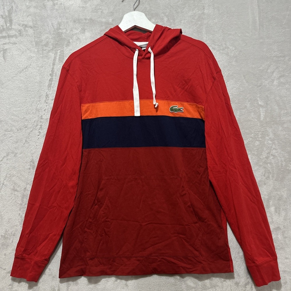 Lacoste Hoodie Mens Sz M Red Relaxed Fit Pullover Colorblock Big Crocodile Logo